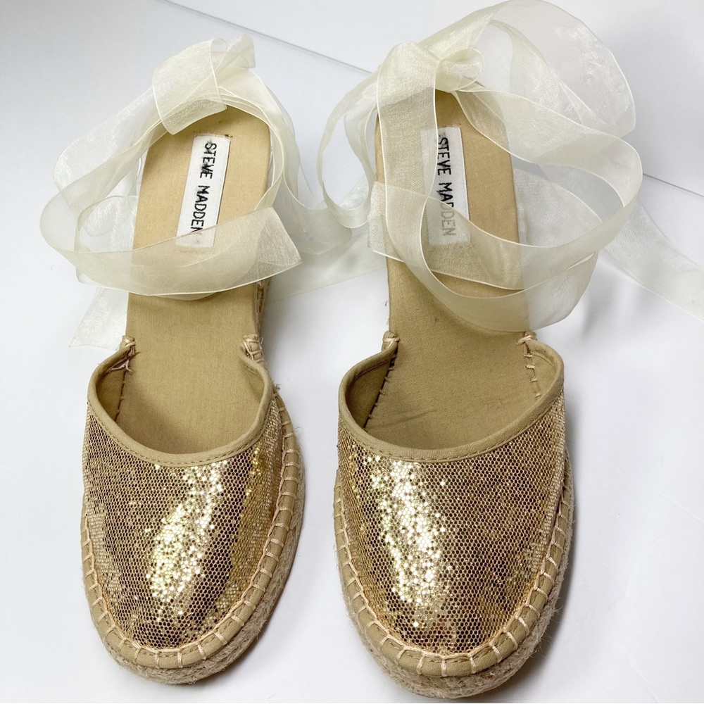 Steve Madden Boca Ankle Tie Gold Glitter Toe Rope Wedge - Picture 5 of 11